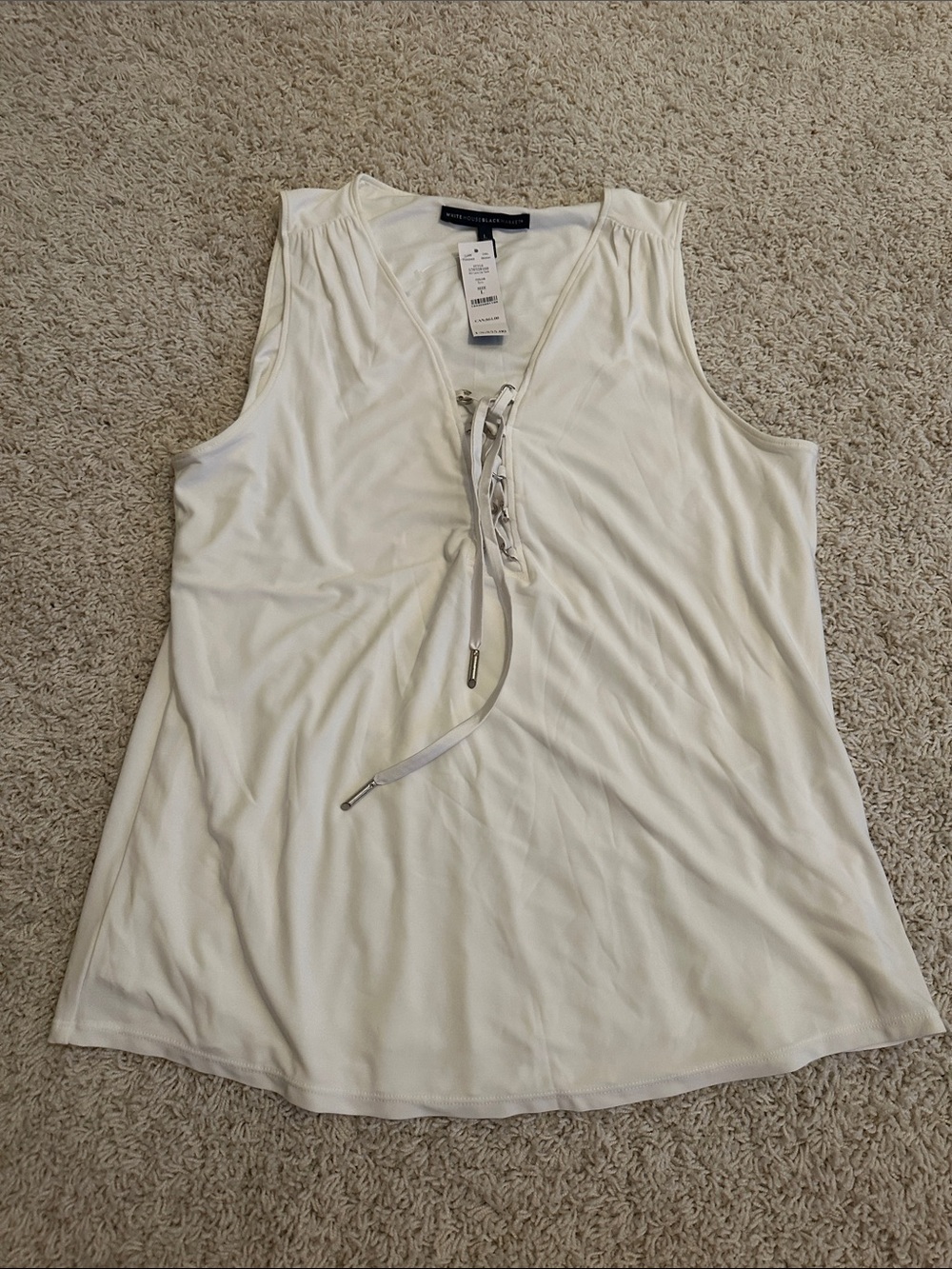 White House Black Market Cream Lace-Up V-Neck Sleeveless Top